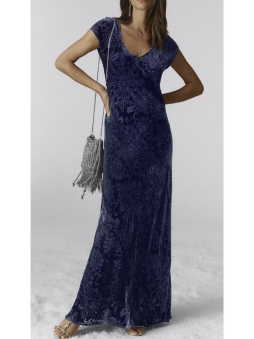 JOHNNY WAS Joceylyn Maxi Dress Silk Blend Velvet Burnout Size M Saphhire NWT
